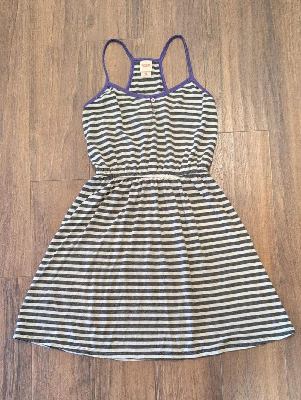 Striped Black and White Lightweight Tank Sundress with Purple Trim